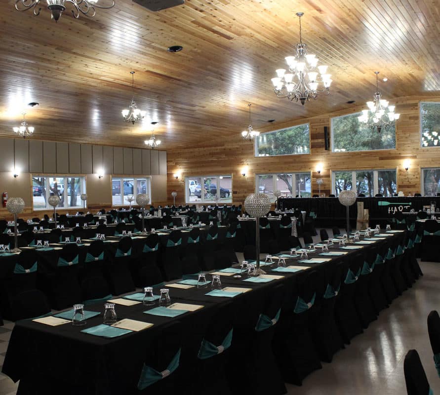 The Eastbay Campground Odessa Center decorated in light blue, black and silver decorations for an event.