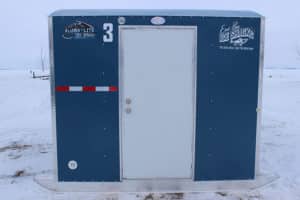 Eastbay Campground blue ice fishing house with door to enter.